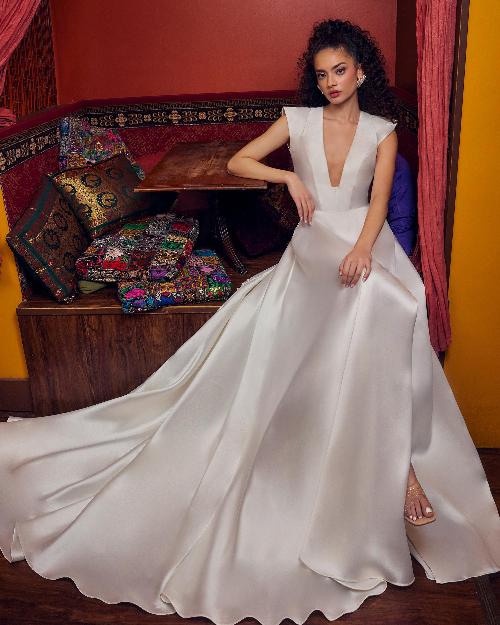 Lp2331 backless satin wedding dress with slit and a line silhouette1